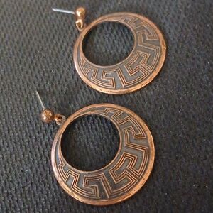 Copper Circle Post Dangle Earrings Tribal Pattern Vintage Stamped 1"